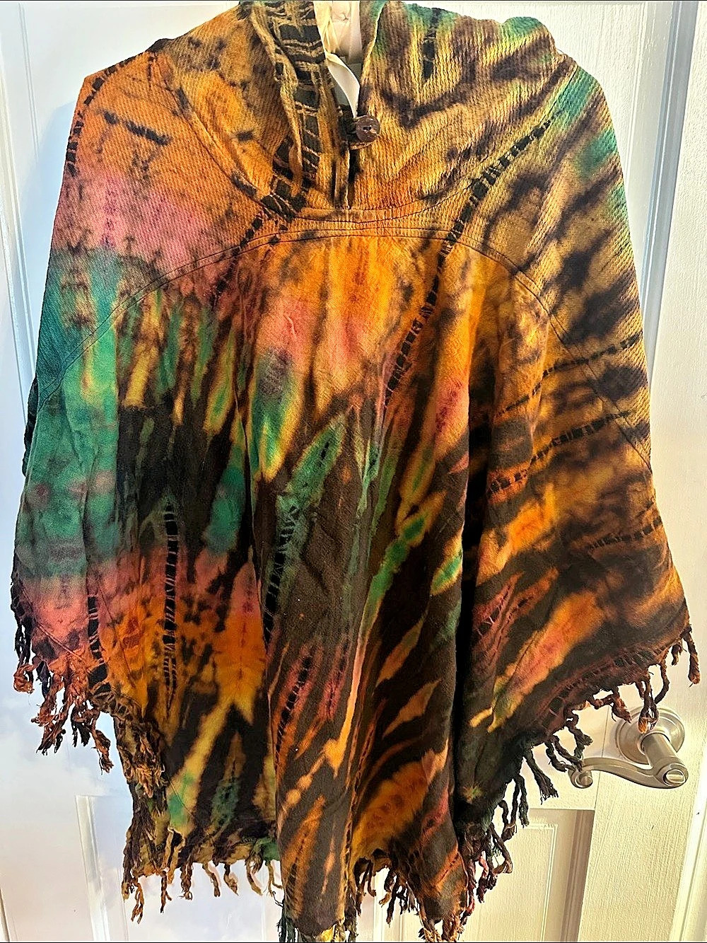 Tie-Dye 100% Cotton Hooded Poncho Brown, Orange& Green like new.